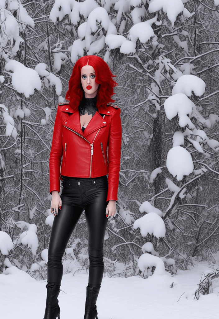 AI generated: Katy Perry wearing a leather jacket leather jeans and leather highboots,  with her red hair, standin...
