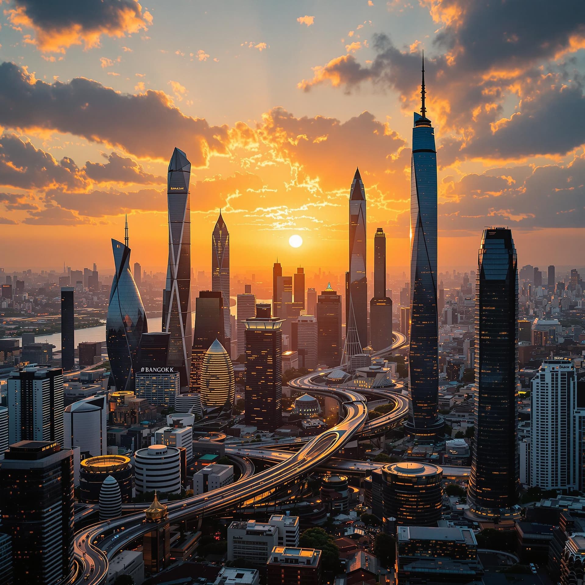 AI generated: Futuristic skyline of bangkok, golden hour, awesome, masterpiece