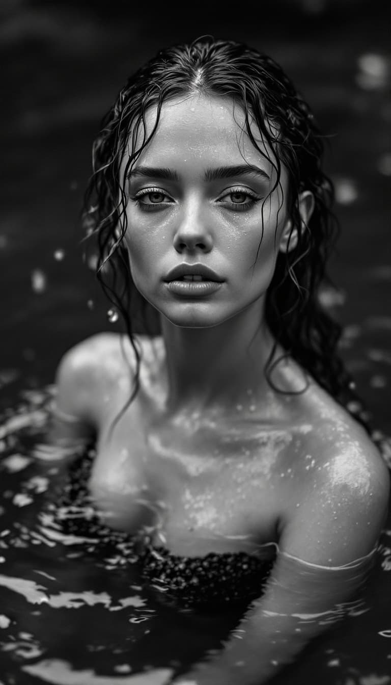 AI generated: a black and white photo of a woman in the water, mert and marcus, drops, kristine froseth, carola ru...