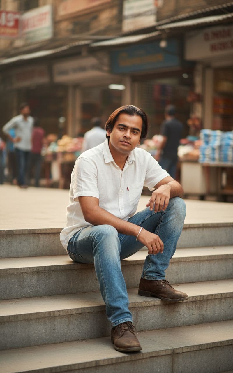 AI generated: Outdoor street-portrait in New Friends Colony CC Market, New Delhi.



A stylish young man (use ...