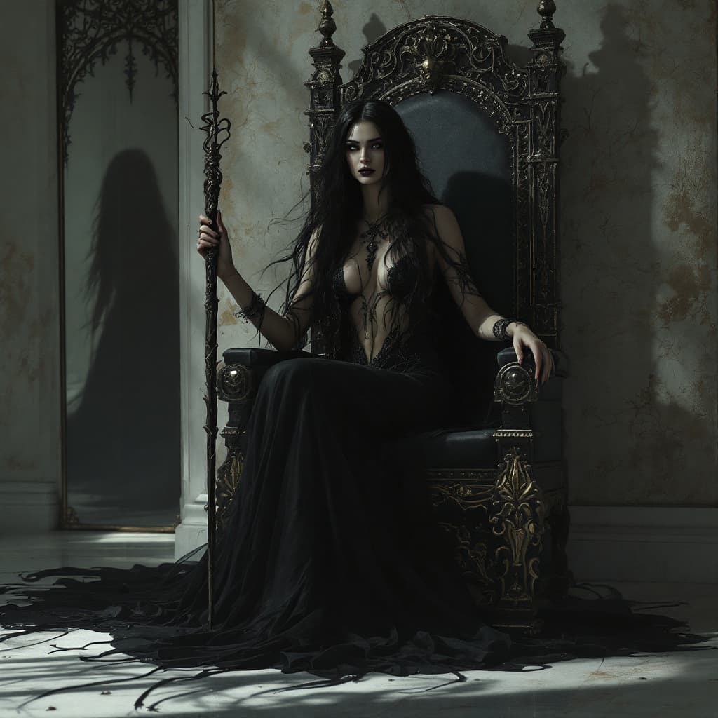 AI generated: A regal shadow dancer, her long black hair flowing like liquid night, her eyes seeming to absorb the...