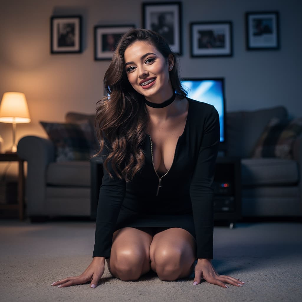 AI generated: A younger beautiful girl straddles confidently on the carpet floor of her finished basement TV-area ...
