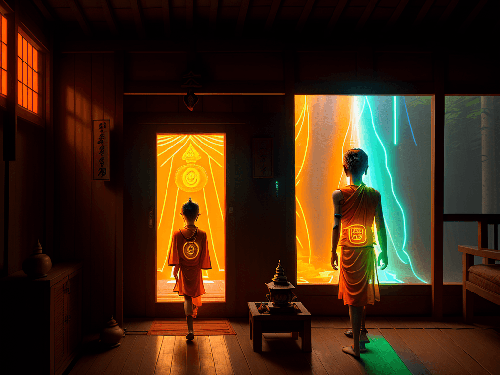AI generated: young disciple
 Arriving at a Buddhist cabin with a ray of cyberpunk light full of sun and sometimes...