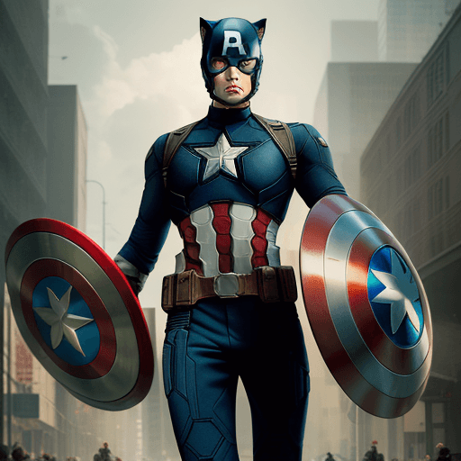 AI generated: cat head anthropomorphic humanoid body, movie poster, Captain America character with shield, high de...