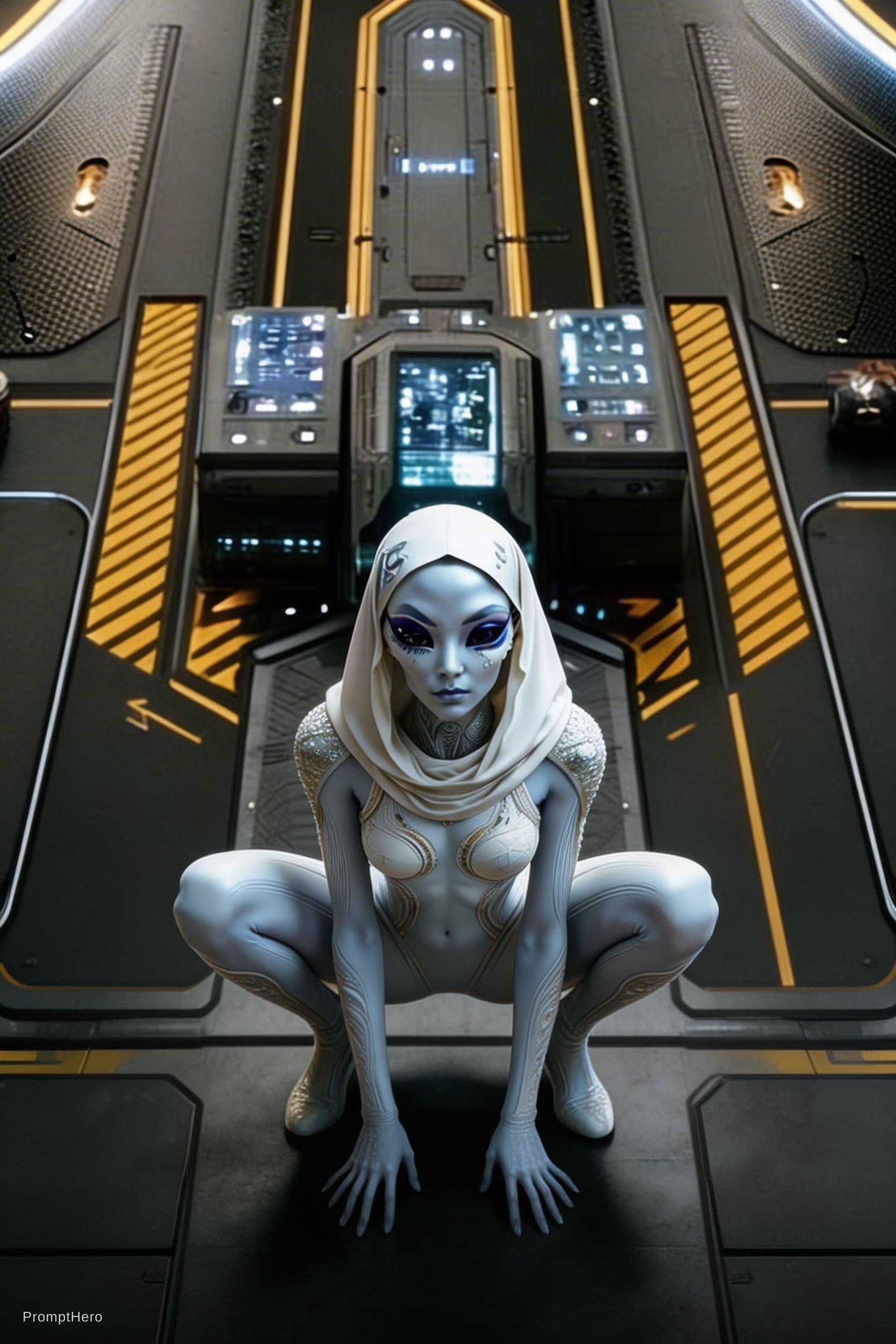AI generated: Sci-Fi Cinematic Scene. Decrease the character's size by 15%. Show the character in reference image ...