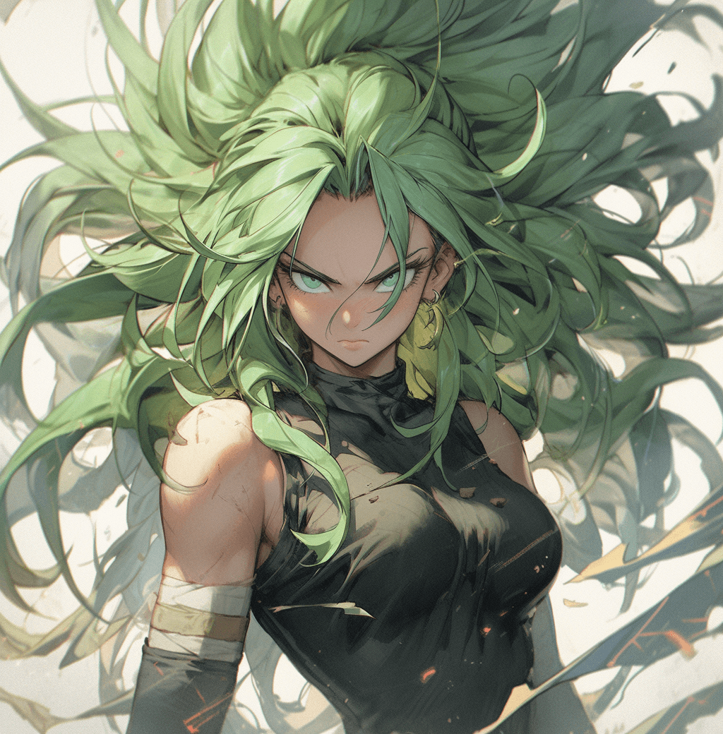 AI generated: a dragon ball super manga character with green hair, in the style of soft brushstroke realism, light...