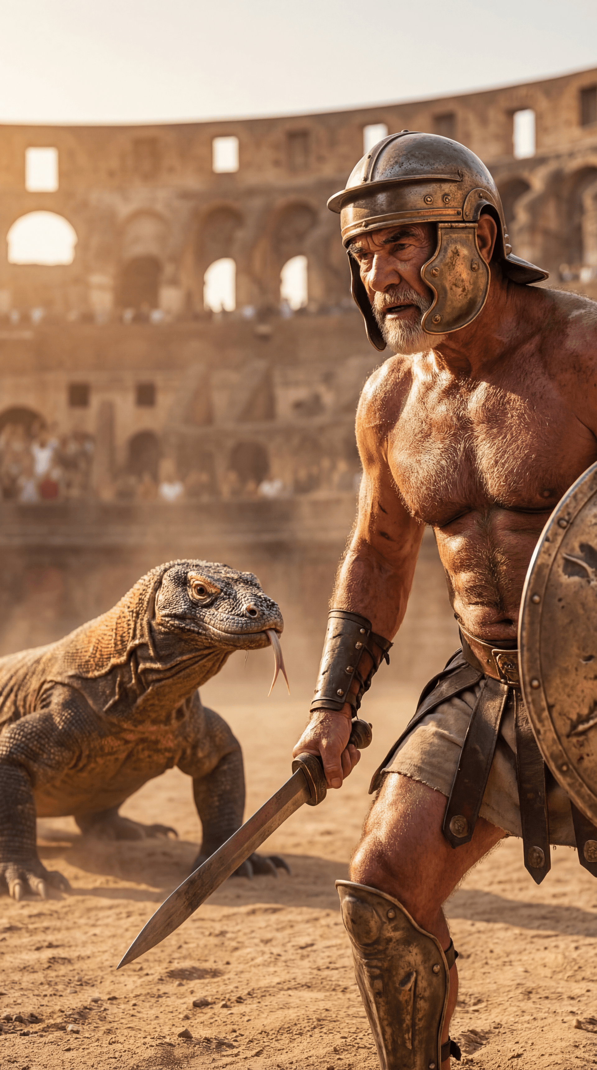 AI generated: Ultra-realistic documentary-style photography inside the Roman Colosseum.
CAMERA ANGLE: very low san...