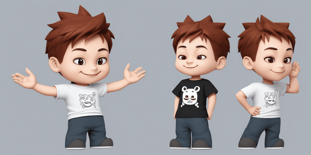 AI generated: front view of an animated happy boy standing wearing tshirt character design, full body, drawing a f...
