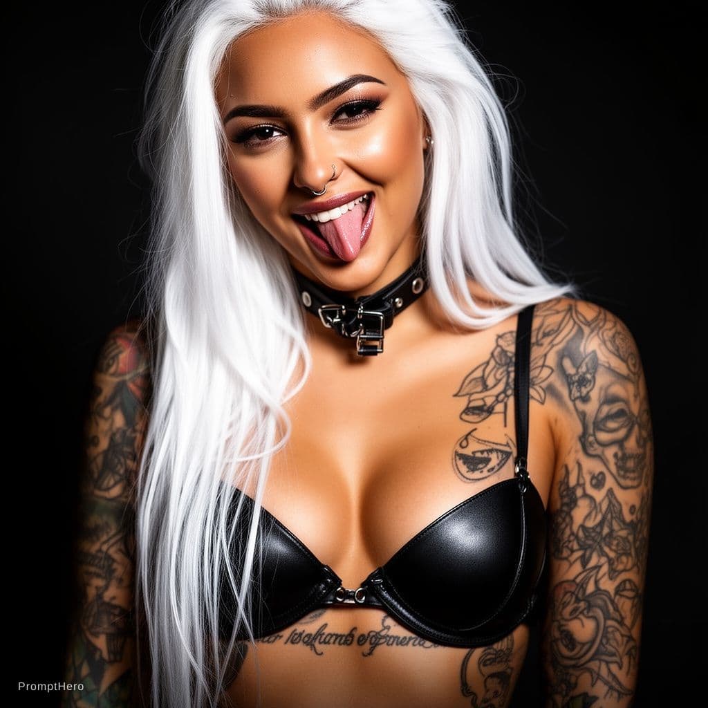 AI generated: Portrait of a gorgeous woman, 20 years old, with open lush breasts, a thin leather bra, waist-length...