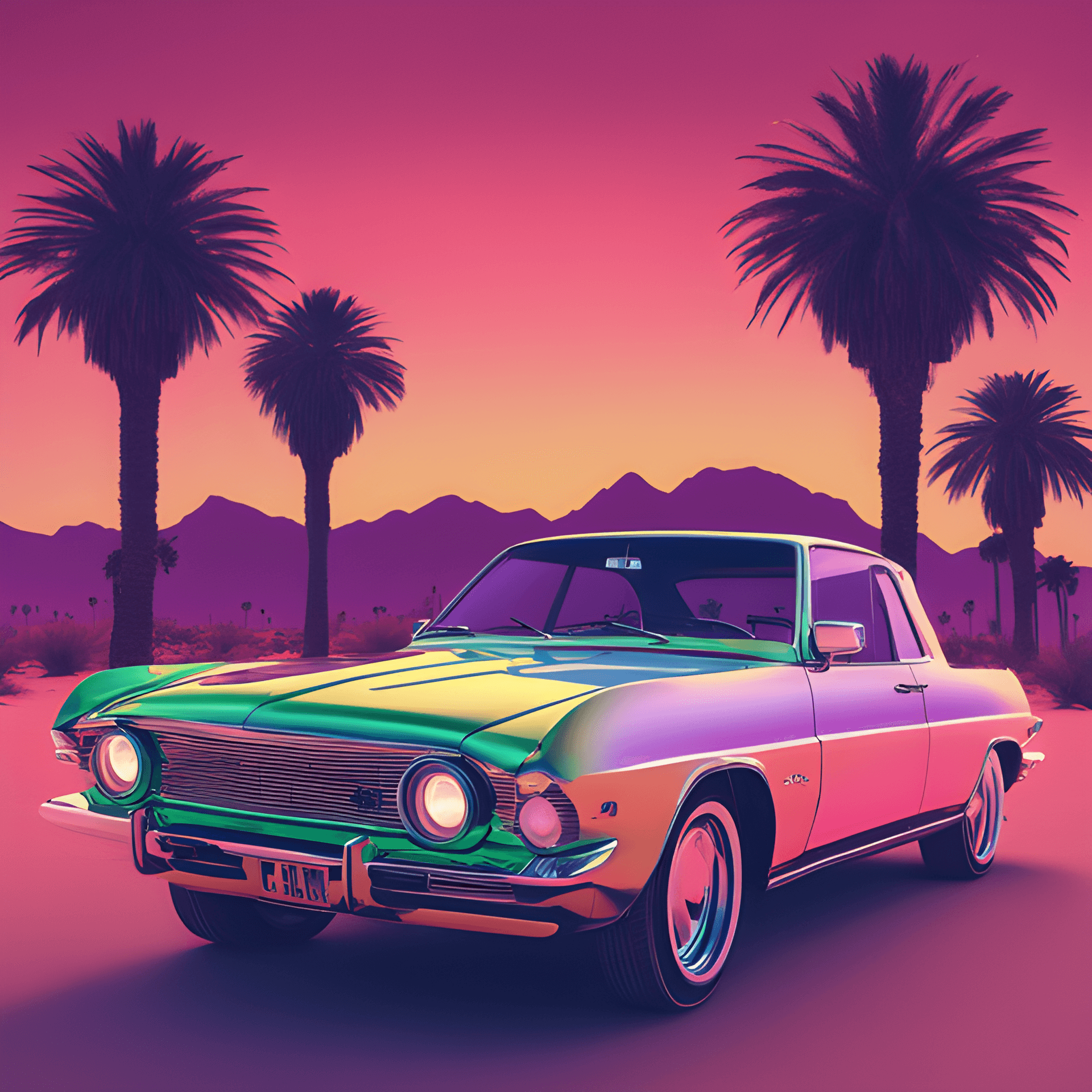 AI generated: neon silver retro car, desert, palm trees, sunset, 8K, UHD