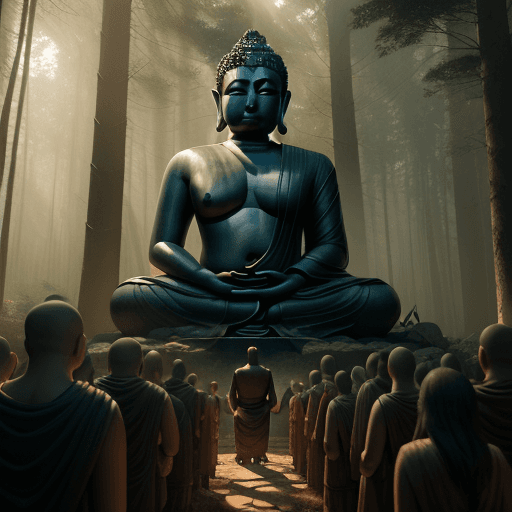 AI generated: Photo of a ultra realistic larger than life Buddha Statue standing in the midst of forest with disci...