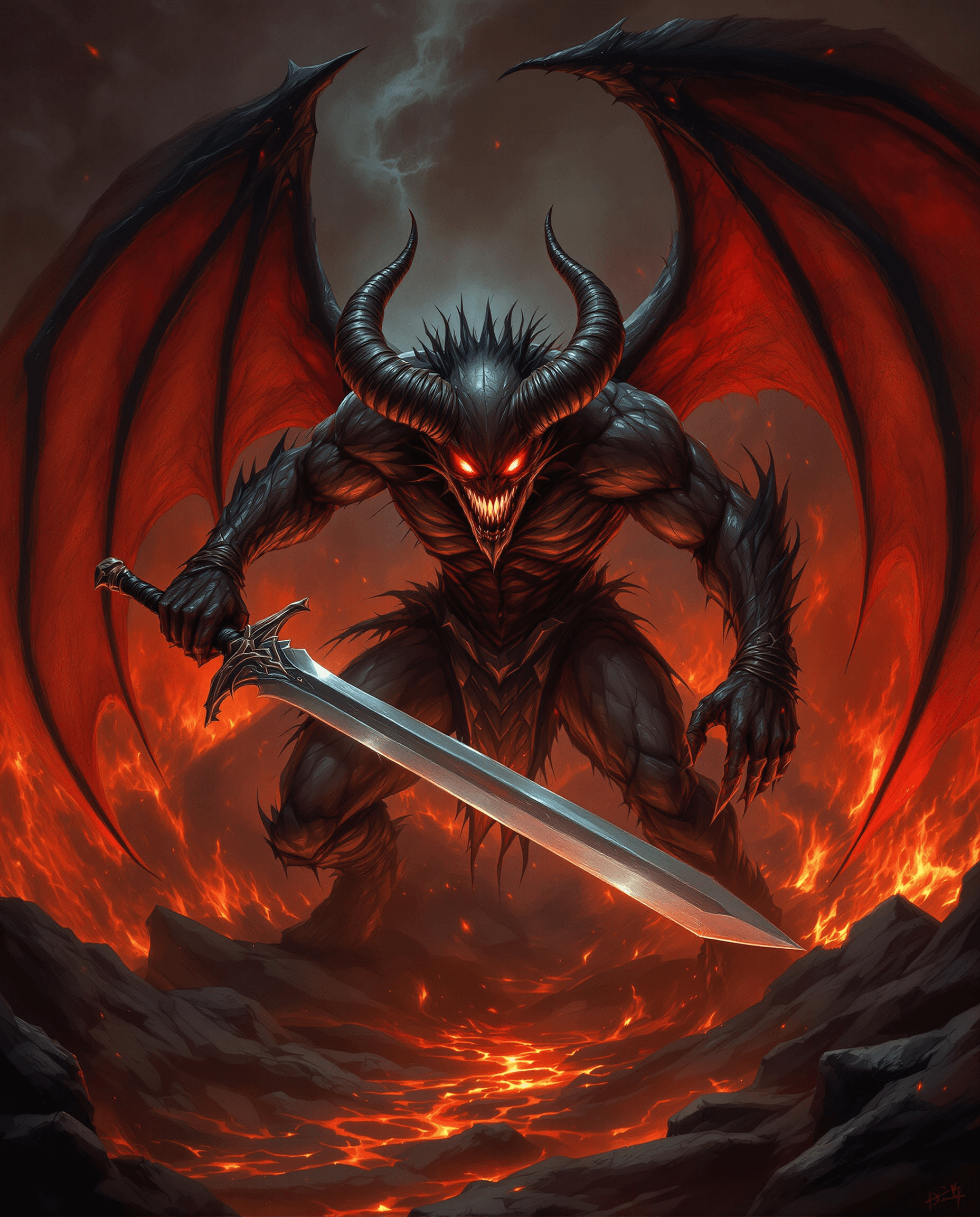 AI generated: erotic demon,very angry ,glowing eyes,with a sword,in hell,wings