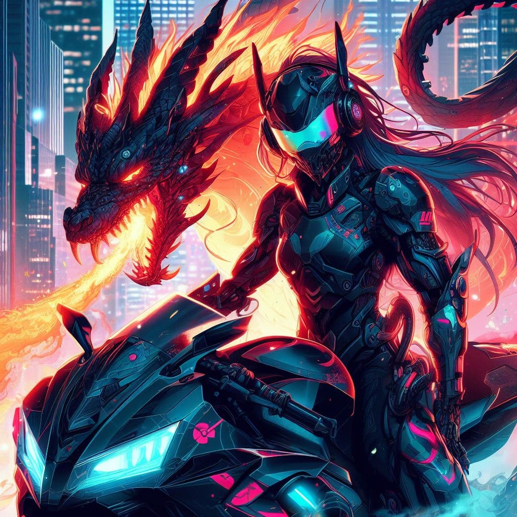 AI generated: A mecha humanoid dragon woman motorcycle breathing fire, cyberpunk, neon light, mood: angry, city sk...