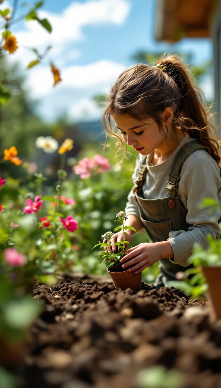 AI generated: a close-up of Emily, planting the little pot, outside in her garden. She stands back, sighing.