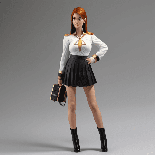 AI generated: starship captain with a crispt form-fitted blouse, short pleated skirt, black high heeled ankle boot...