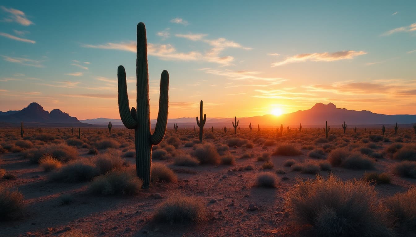 AI generated: Estilo western, en el desierto al atardecer. Hay cactus. I want a long distance view of the desert, ...