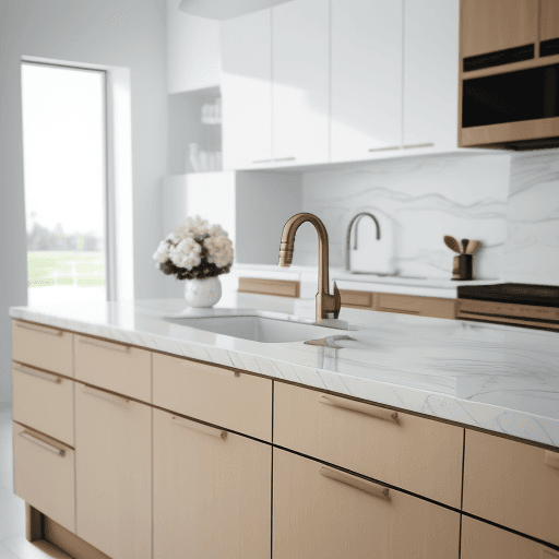 AI generated: modern kitchen, sleek eggshell light beige finishes, with a beige and wood, white marble, EF 24mm f/...