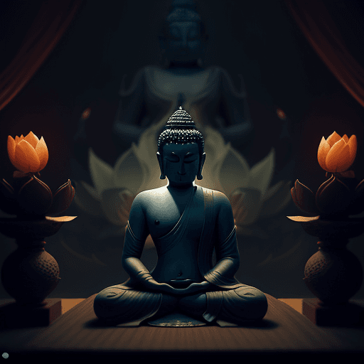 AI generated: A robed Buddha meditates in a lotus pose in a fantasy art piece by Fang Congyi. The scene is envelop...