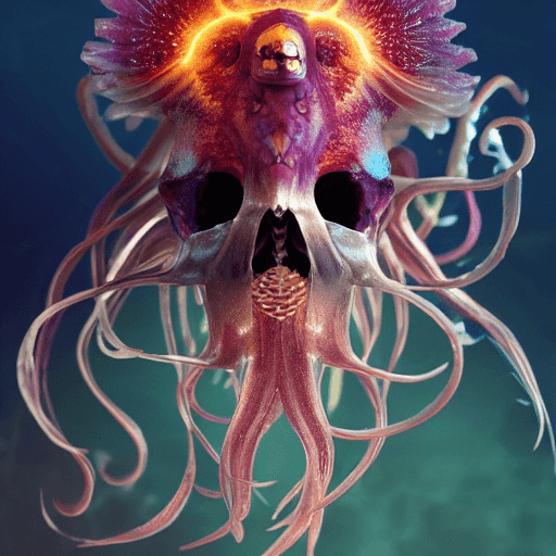 AI generated: goddess close-up portrait ribcagel. jellyfish phoenix head, nautilus, orchid, skull, betta fish, bio...