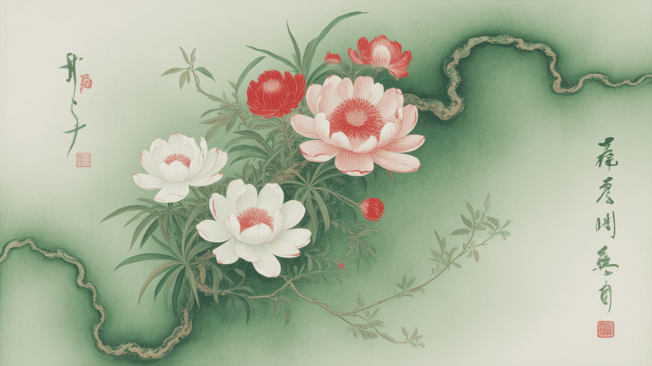 AI generated: a green, white, and red oriental painting, feminine beauty, in the style of botanical impressions, m...