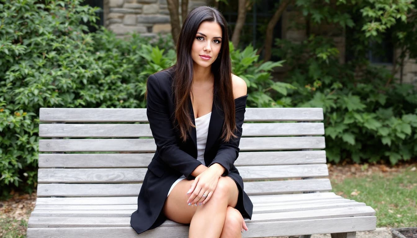 AI generated: A woman sitting on a wooden bench outdoors with greenery and a stone building in the background, wea...