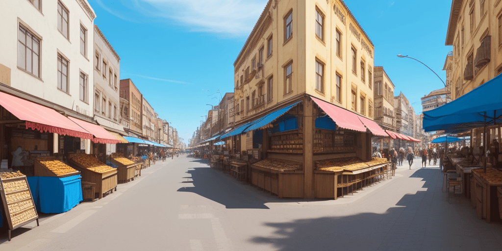 AI generated: straight street with food stalls on either side, with a blue sky on top