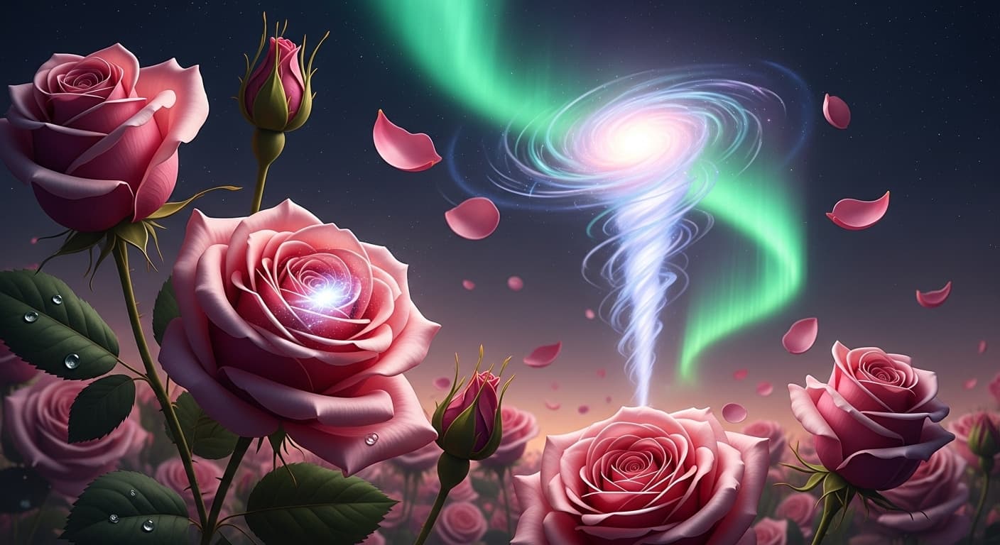 AI generated: Double neural exposure diamond sparks of stars, gelaxy cD sun rays on petals, fantasy art 5d 64k ros...