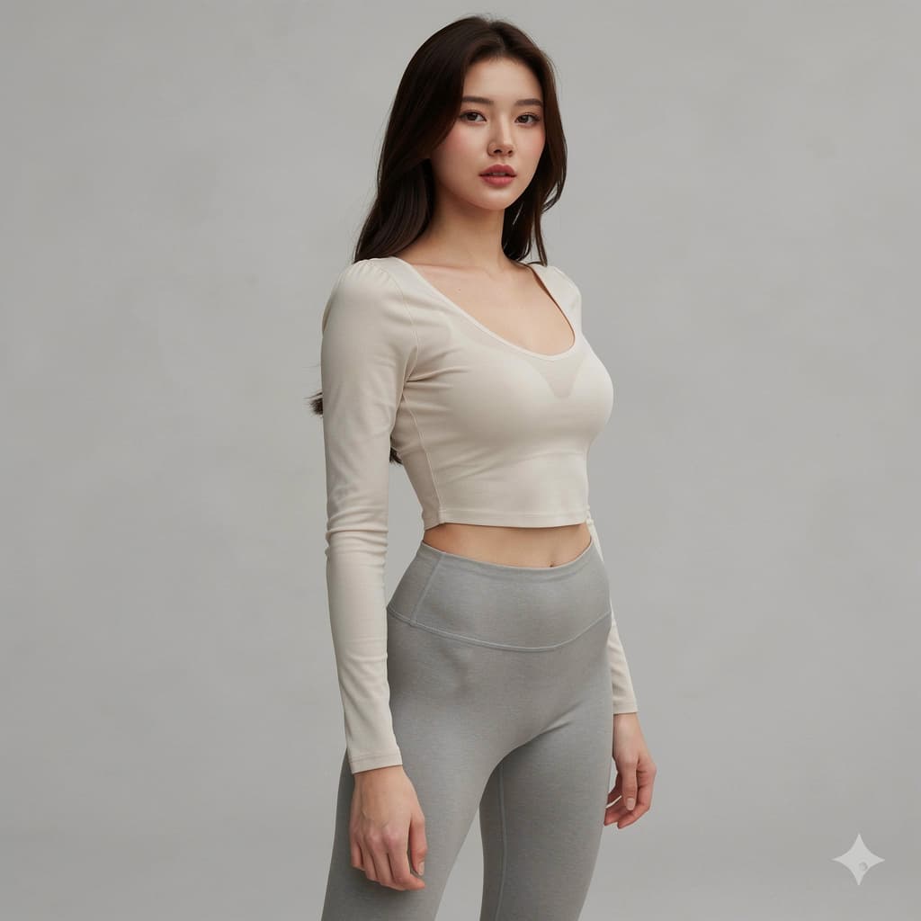 AI generated: A full-body, slightly angled portrait of a young woman with long, dark hair cascading down her shoul...