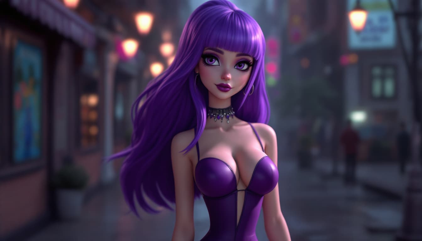 AI generated: a 3d cartoon goth girl aesthetic, Daphne from scooby-doo, a woman wearing a two toned purple dress, ...