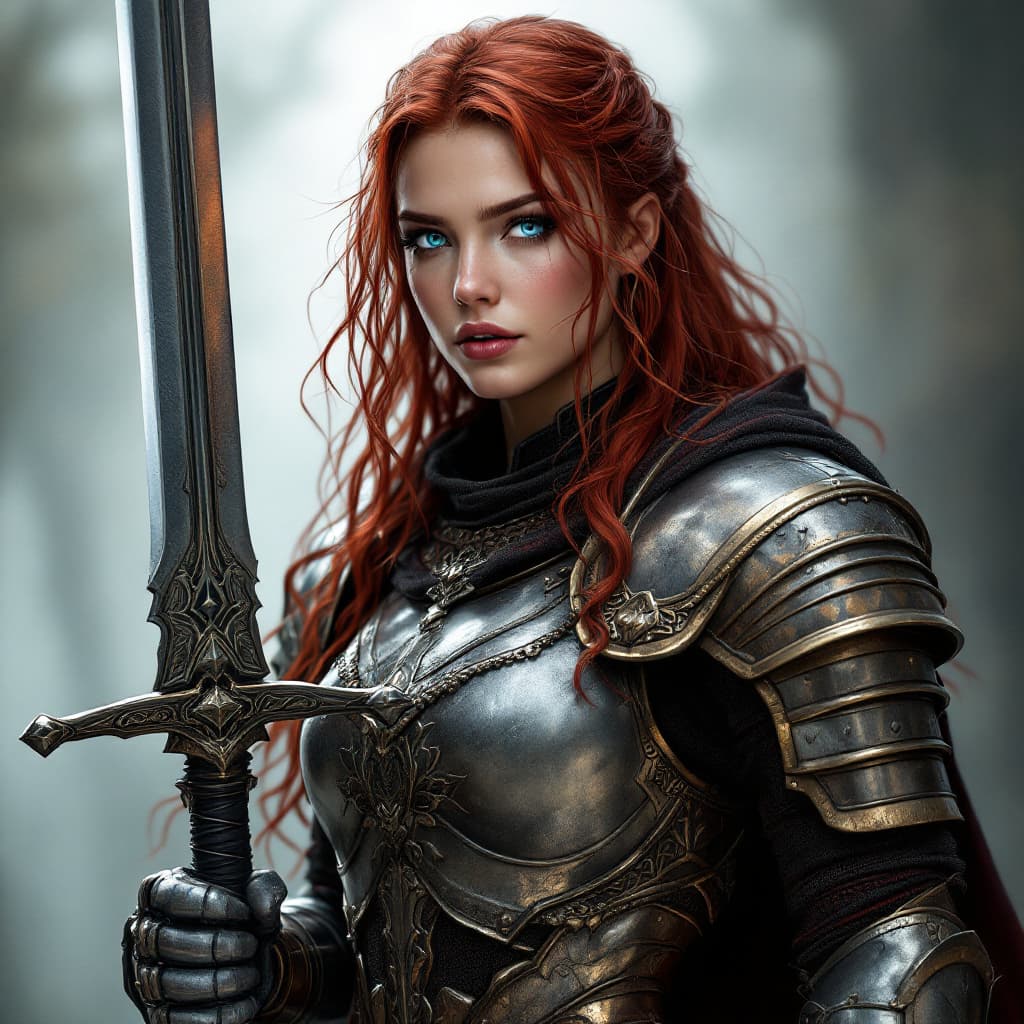 AI generated: A striking, young and Beautiful warrior princess with stunning red hair and piercing blue eyes stand...