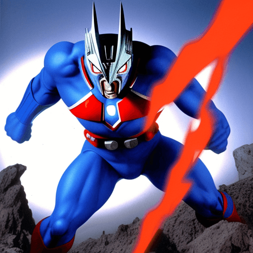 AI generated: Sci-fi Japanese superhero Ultraman as he looked in 1966 battling a giant monster 