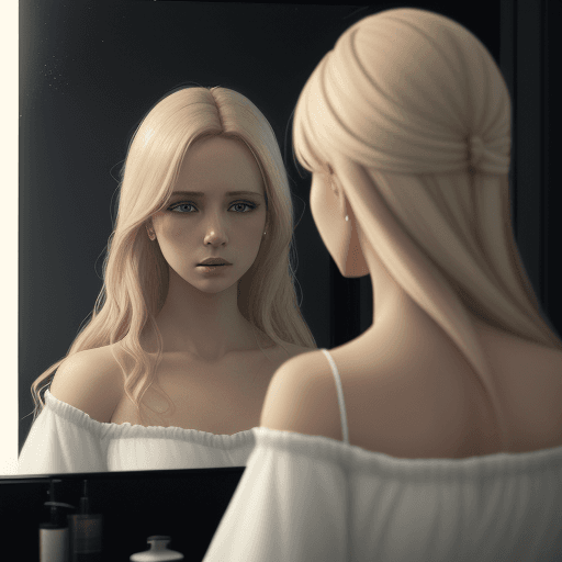 AI generated: women with blond hair , in white dress looks at the mirror and see her reflection only with dark hai...