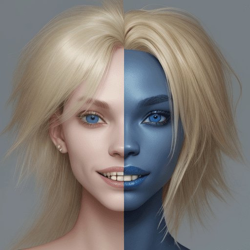 AI generated: textured blue skin, blond hair, unusual teeth,