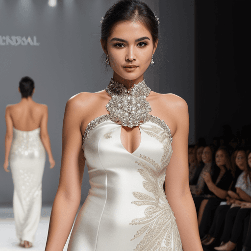 AI generated: gorgeous woman in white dress and sparkling diamonds with intricate details, fashion dress, soft sil...
