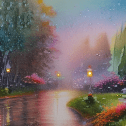 AI generated: Thomas Kinkade style watercolor painting of a beautiful village in the middle of an enchanted forest...