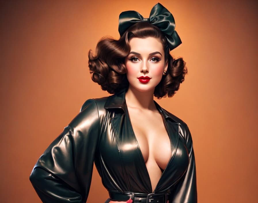 AI generated: a girl in pinup vintage style with big chest and showing deep gully from the bronze silky bath coat ...