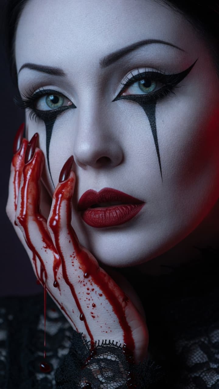 AI generated: A hyper-realistic extreme close-up portrait of a beautiful goth woman with extremely pale white skin...