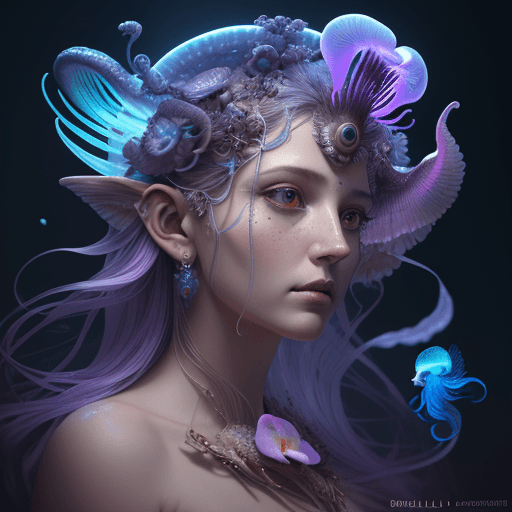 AI generated: Goddess close-up portrait ribcagel. jellyfish phoenix head, nautilus, orchid, skull, betta fish, bio...
