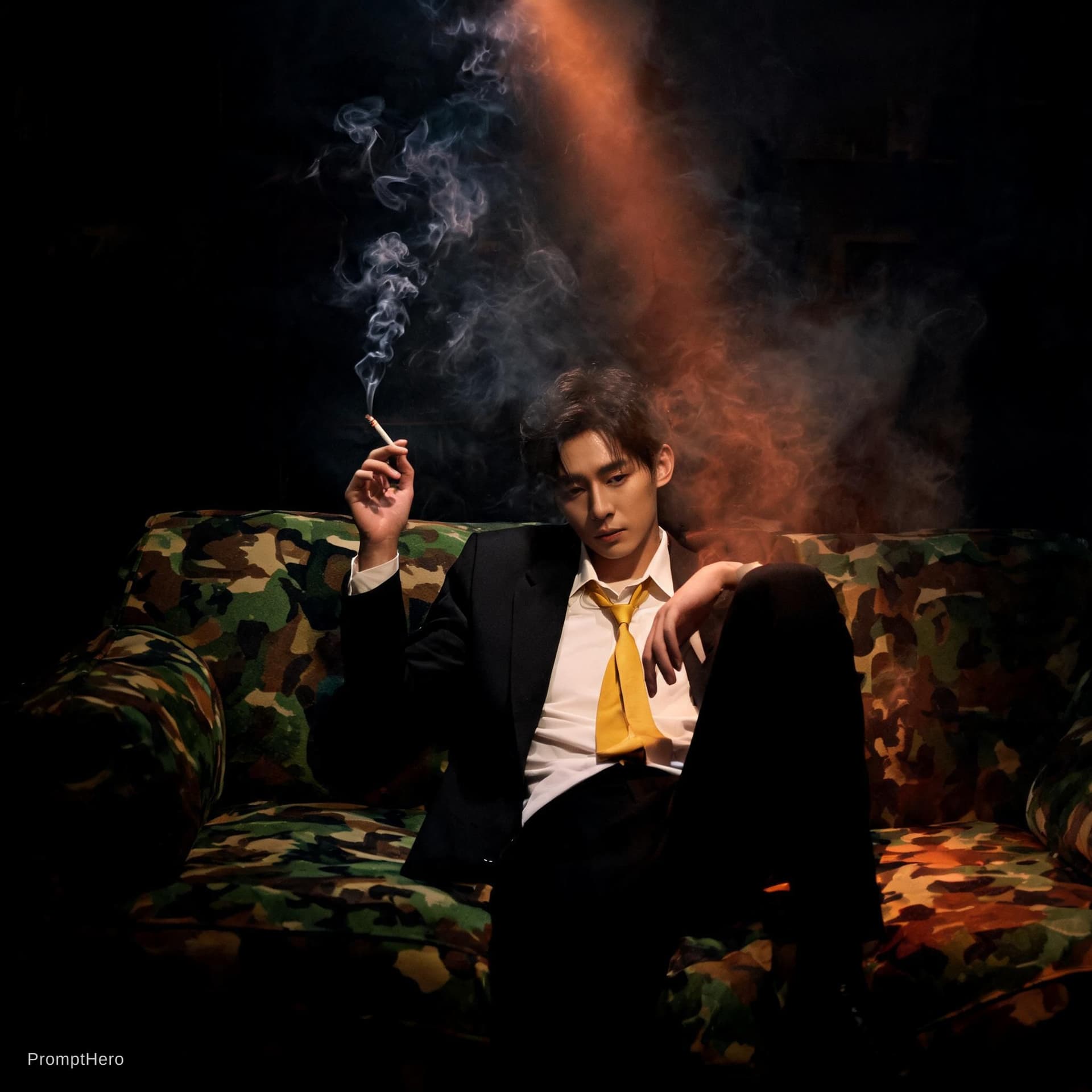 AI generated: photography, cover shoot, dimly lit room with a hazy atmosphere, capturing a professional male model...