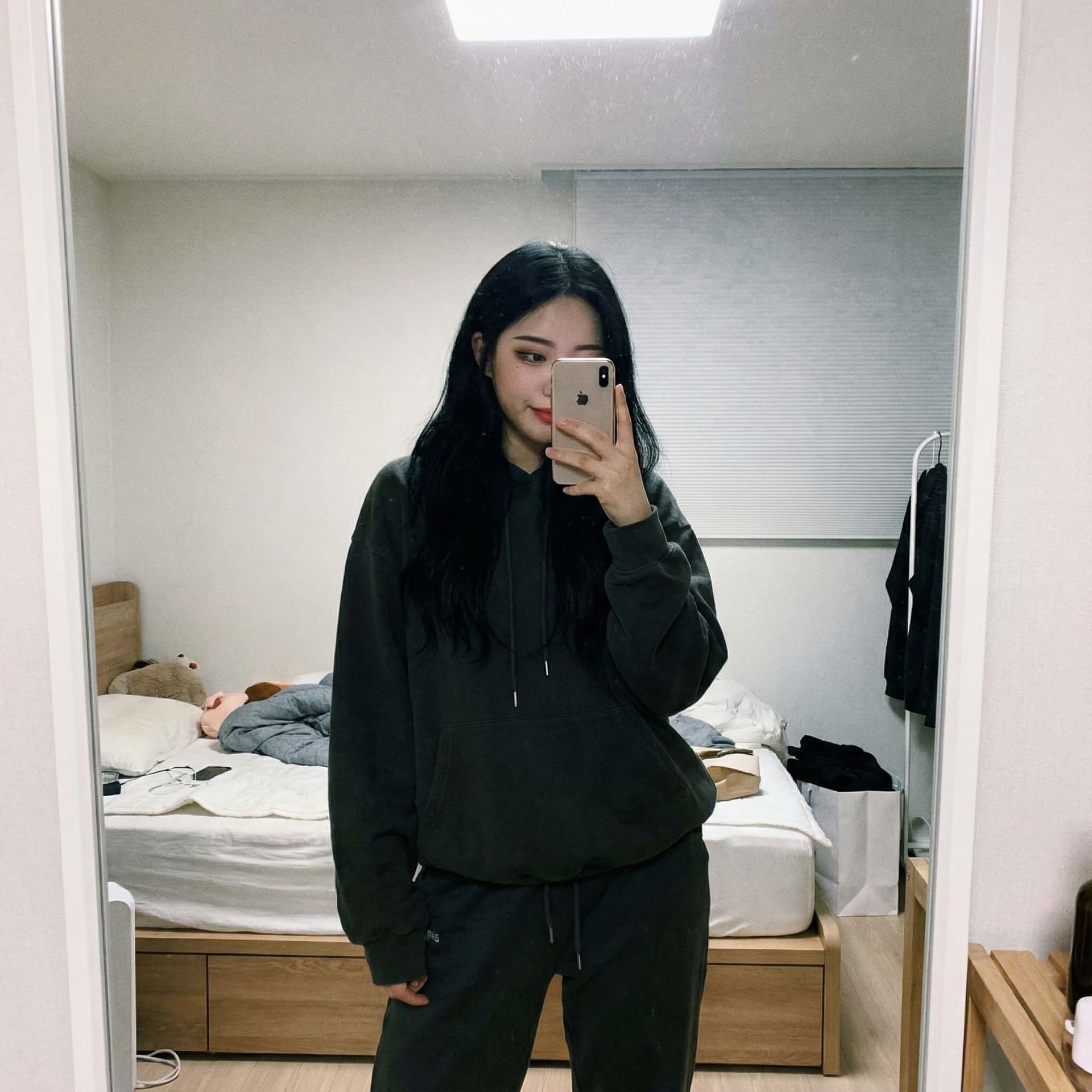 AI generated: iPhone selfie, full body shot, naked body, 18-year-old girl, Korean girl, big eyes, with full make-u...