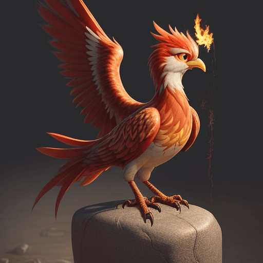 AI generated: cute realistic phoenix, pixar like. pecking a stone column. Red color of high resolution feathers. H...