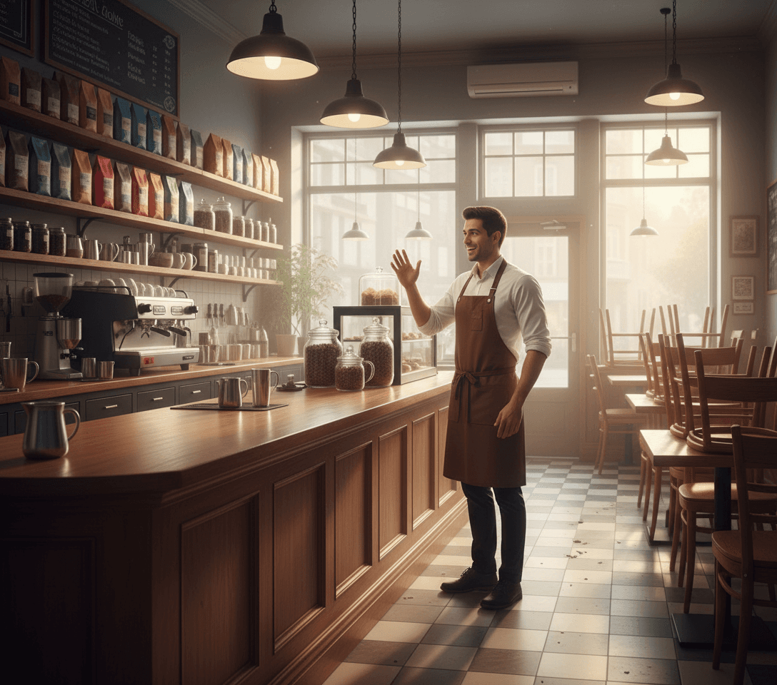 AI generated: At a coffee shop. There are no customers. It's dawning light. The Hispanic male barista is at the en...