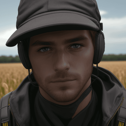 AI generated: the man in the field is dressed for the camera, intense close-ups, matte photo --ar 132:161 --s 750 ...
