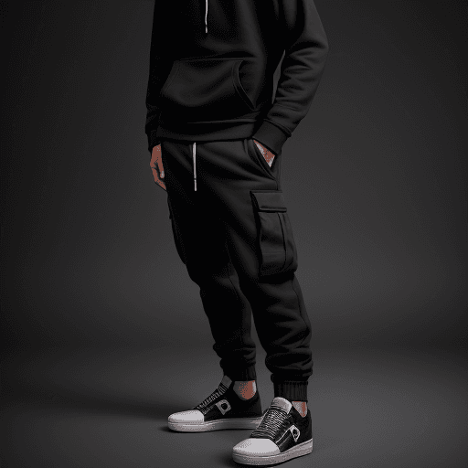 AI generated: capturing a model, man wearing basic hoodie, matte black, dark grey cargo jogger pant, skate shoes, ...