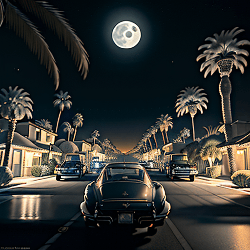 AI generated: night scene on a Palm Springs street, where the moon casts a gentle glow on the parked cars., 4k, hy...