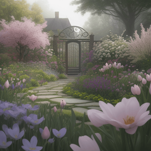 AI generated: A spring garden, with a light mist around, detailed design concept art, matte painting High resoluti...