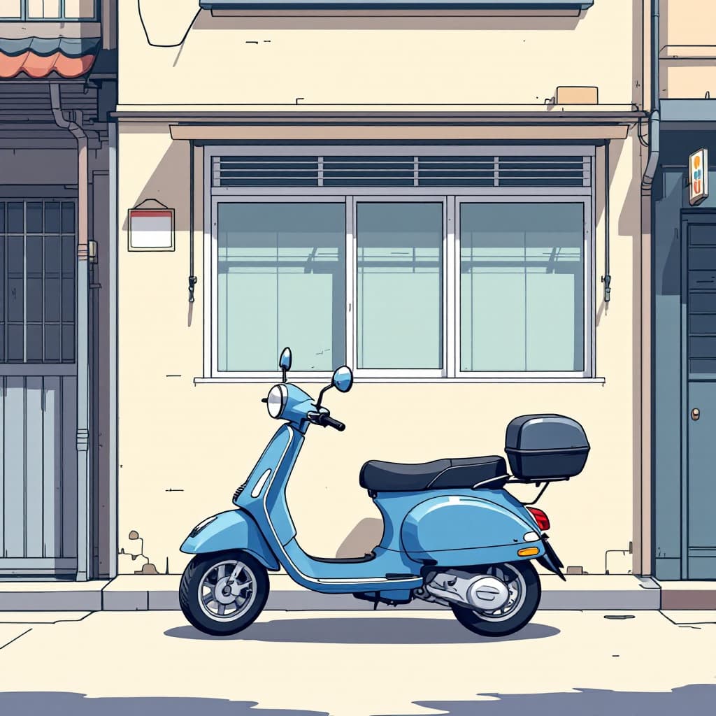 AI generated: A blue moped parked in front of an old building with windows, flat graphic novel illustration in the...
