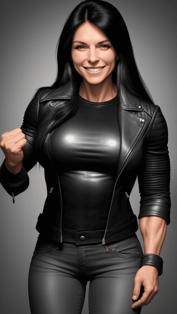 AI generated: 30 year old strong muscular woman, biceps, long black hair, smiling, wears leather jacket, wears lea...