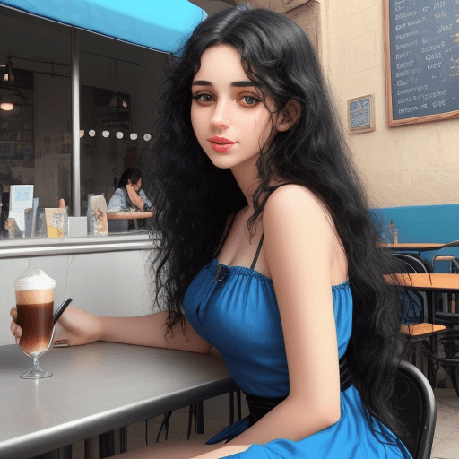 AI generated: create a very beautiful  girl at age 20 wearing blue dress having long curly black hair. She is sitt...
