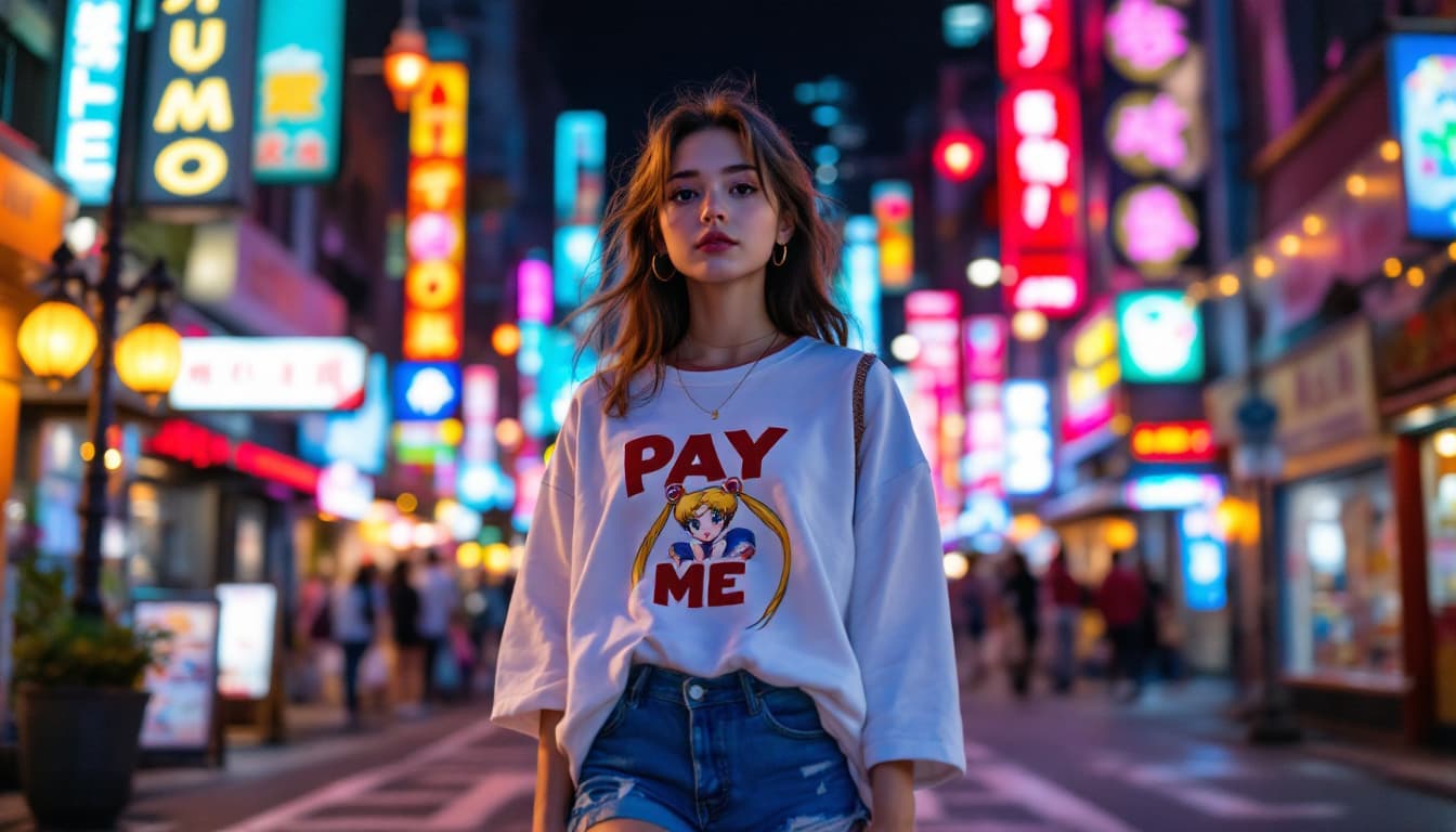 AI generated: a young beautiful girl walks along a night street in the light of neon signs and lanterns in a white...